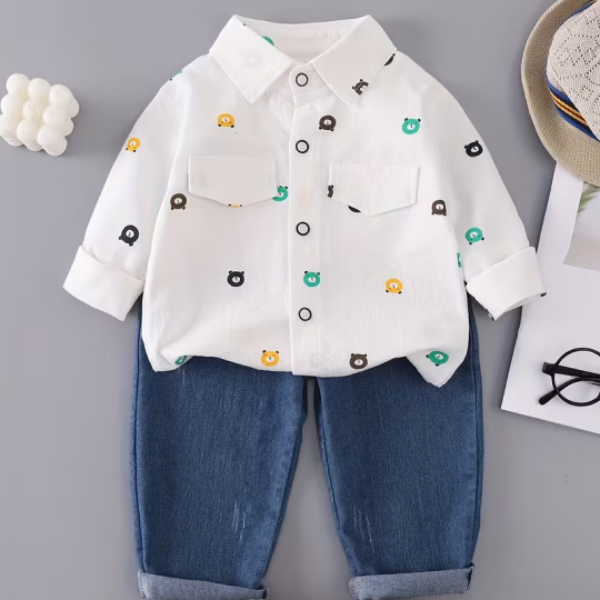 Boys' Print Outfit with a Bear Pocket Long-Sleeve Shirt And Denim Pants