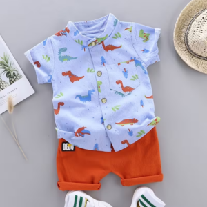 Summer Dinosaur Print Short Sleeve Shirt & Shorts Set