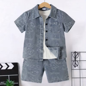 Cute Bear Denim Short-Sleeve Shorts Set