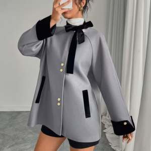 Ladies Gown Featuring a Loose Gray Velvet Collar And Flowing Ribbons