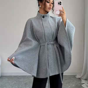 Stand Collar Tie-Waist Shawl Cape Coat