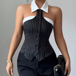 Elegant Striped Backless Sleeveless Ladies' Shirt