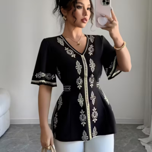 Elegant Geometric Print V-Neck Short Sleeve Blouse