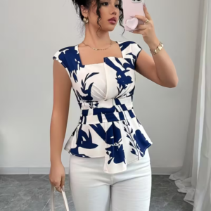 Floral Print Short-Sleeve Blouse with Ruffles