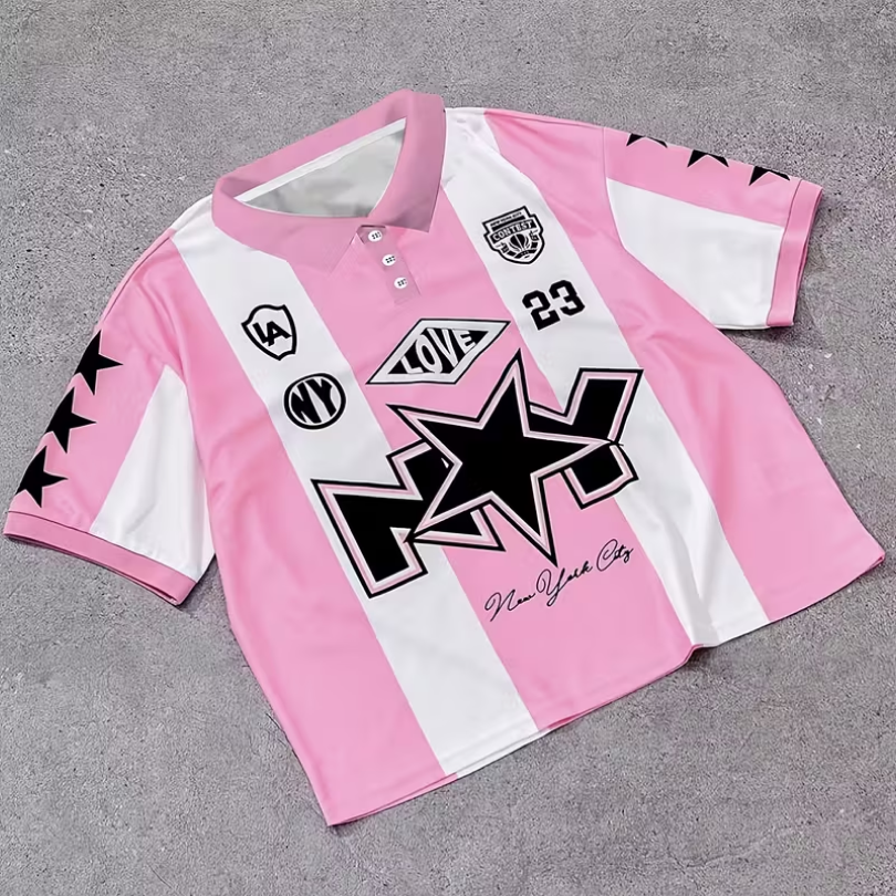 Pink and White V-Neck Short Sleeve Shirt